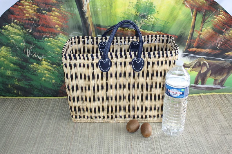 Superbe Panier Bleu & Naturel - Tressé à la main - sac cabas - 3 TAILLES - idéal courses , marchés... osier roseau paille