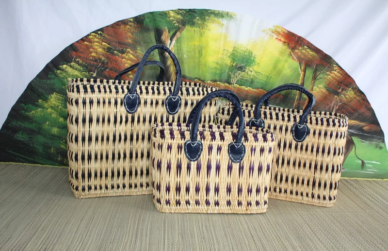 Superbe Panier Bleu & Naturel - Tressé à la main - sac cabas - 3 TAILLES - idéal courses , marchés... osier roseau paille