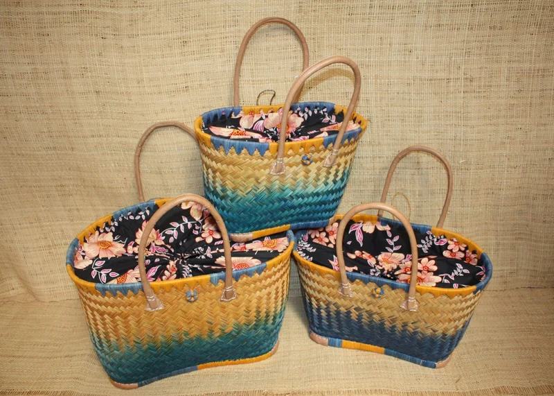 JOLI Panier sac cabas ARTISANAL - Tissu fleur orangé WAX africain - Idéal marchés, courses, travail, plage... 3 Tailles au choix