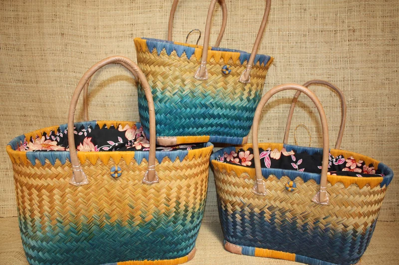 JOLI Panier sac cabas ARTISANAL - Tissu fleur orangé WAX africain - Idéal marchés, courses, travail, plage... 3 Tailles au choix