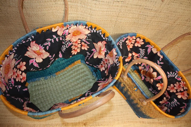 JOLI Panier sac cabas ARTISANAL - Tissu fleur orangé WAX africain - Idéal marchés, courses, travail, plage... 3 Tailles au choix