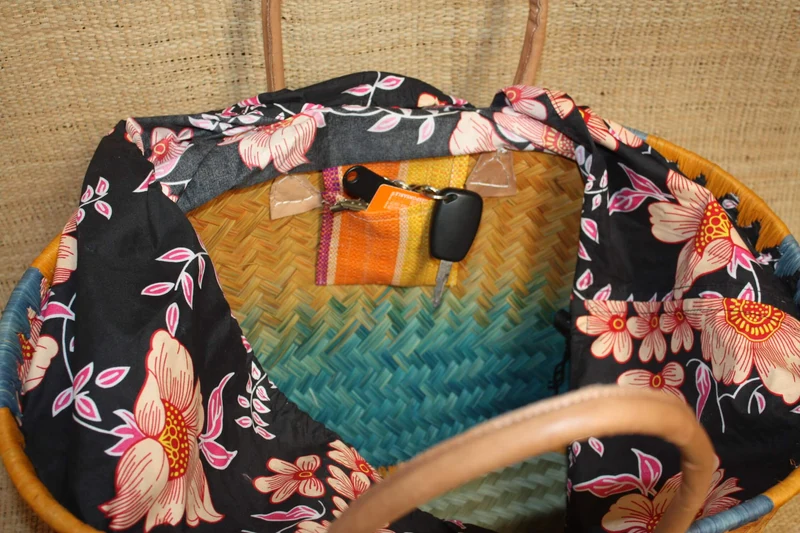 JOLI Panier sac cabas ARTISANAL - Tissu fleur orangé WAX africain - Idéal marchés, courses, travail, plage... 3 Tailles au choix