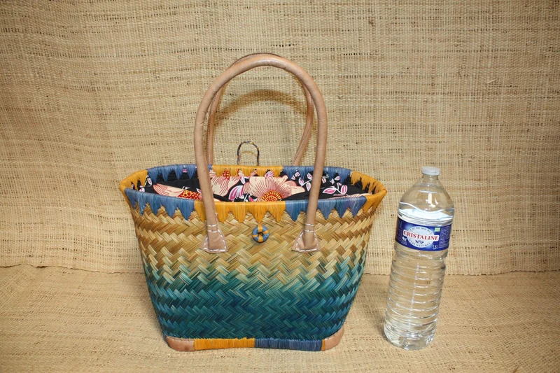 JOLI Panier sac cabas ARTISANAL - Tissu fleur orangé WAX africain - Idéal marchés, courses, travail, plage... 3 Tailles au choix