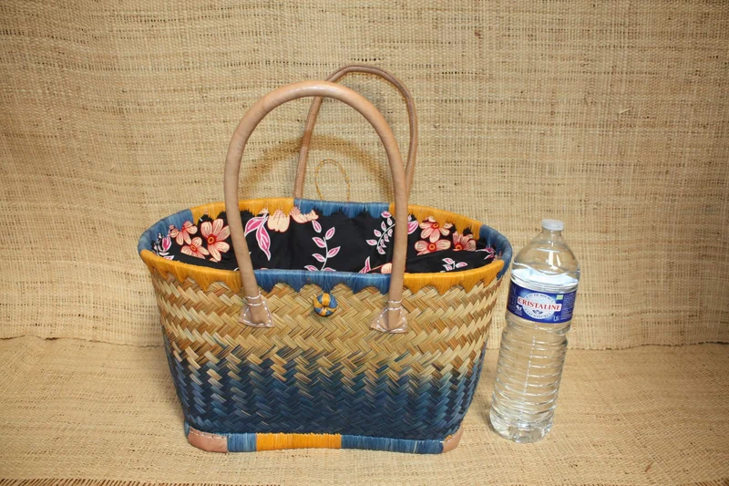 JOLI Panier sac cabas ARTISANAL - Tissu fleur orangé WAX africain - Idéal marchés, courses, travail, plage... 3 Tailles au choix