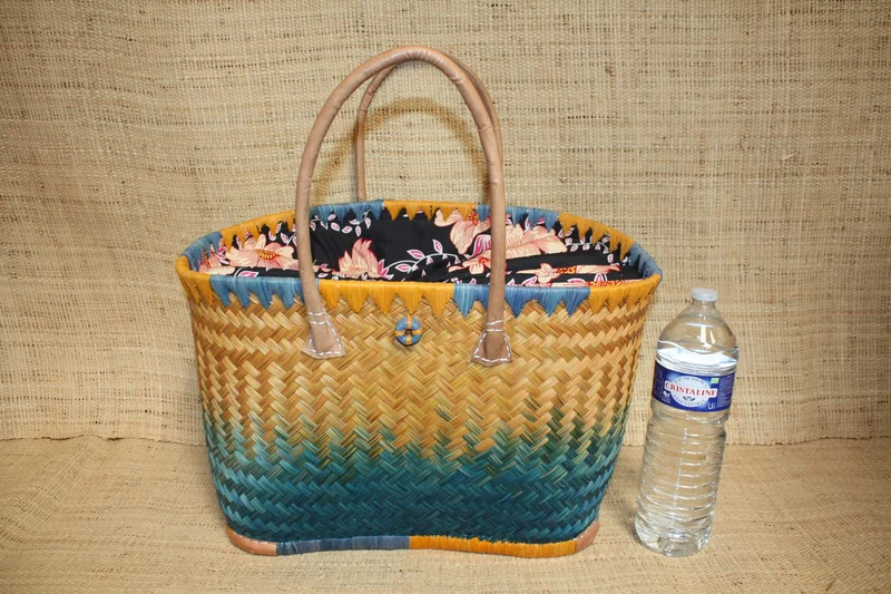 JOLI Panier sac cabas ARTISANAL - Tissu fleur orangé WAX africain - Idéal marchés, courses, travail, plage... 3 Tailles au choix