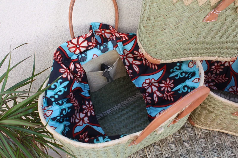 MAGNIFIQUE Panier sac cabas - Pochon tissu Bleu & Rouge WAX africain - 3 TAILLES - marchés, courses, plage...