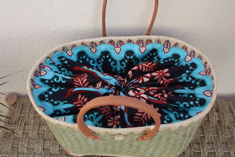 MAGNIFIQUE Panier sac cabas - Pochon tissu Bleu & Rouge WAX africain - 3 TAILLES - marchés, courses, plage...