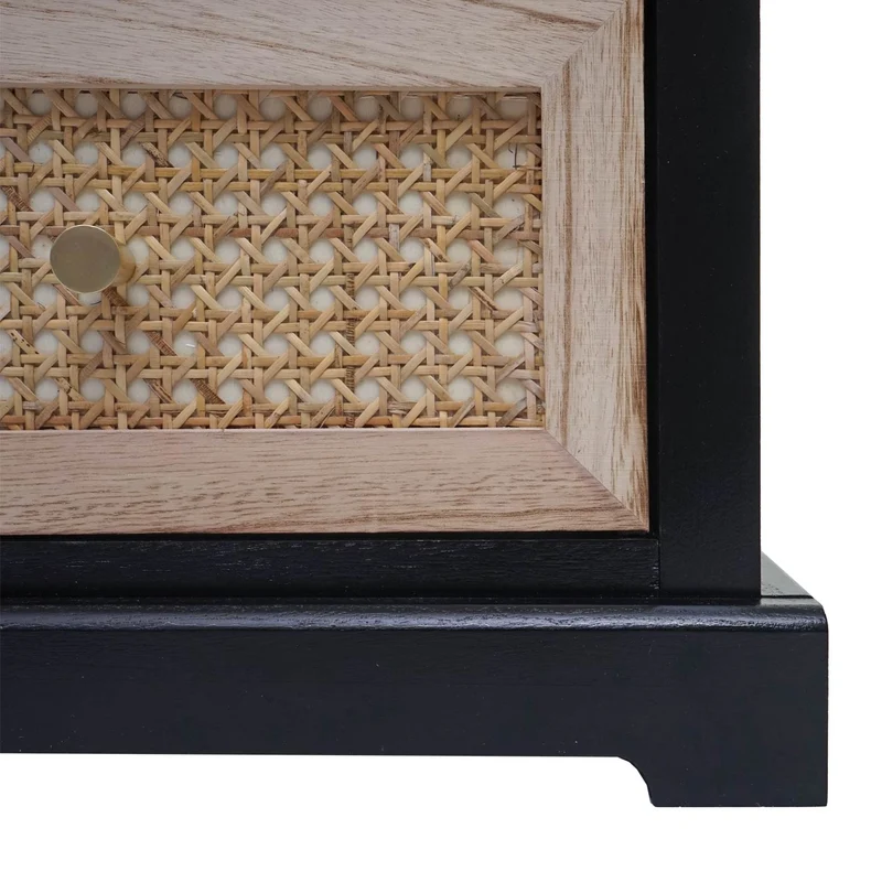 Commode meuble de rangement avec 3 tiroirs en bois noir et rotin 63x40x28 cm 04_0006510