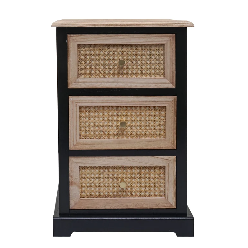Commode meuble de rangement avec 3 tiroirs en bois noir et rotin 63x40x28 cm 04_0006510