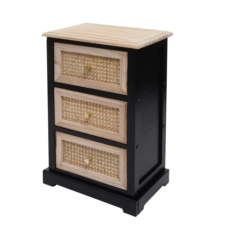 Commode meuble de rangement avec 3 tiroirs en bois noir et rotin 63x40x28 cm 04_0006510