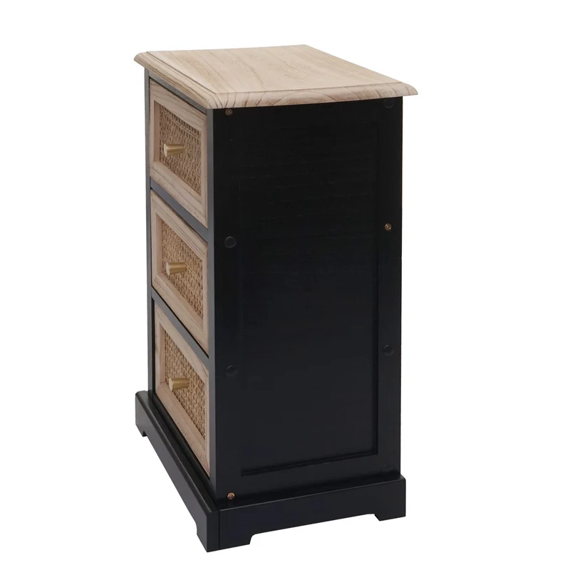 Commode meuble de rangement avec 3 tiroirs en bois noir et rotin 63x40x28 cm 04_0006510