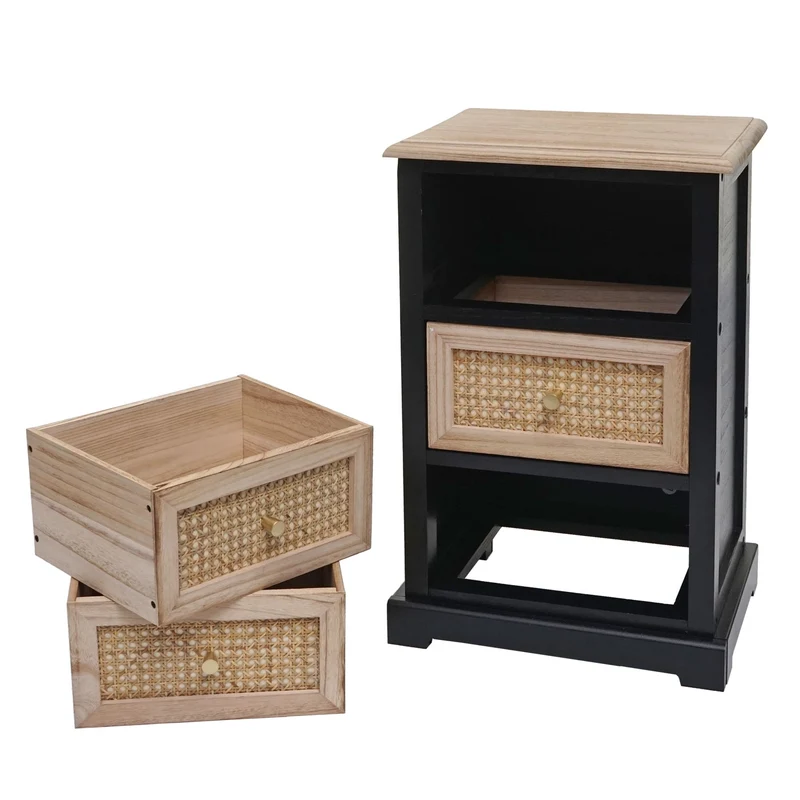 Commode meuble de rangement avec 3 tiroirs en bois noir et rotin 63x40x28 cm 04_0006510
