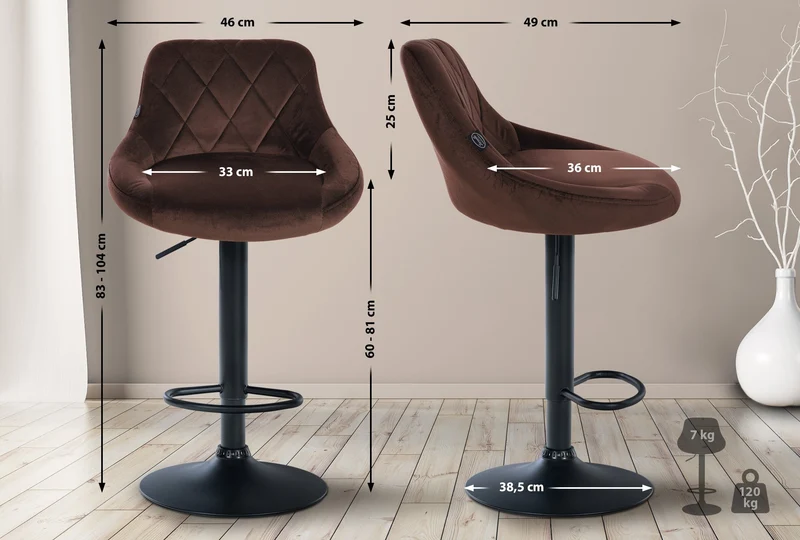 Tabouret de bar en velours marron coutures décoratives pivotant support métal noir TDB10667