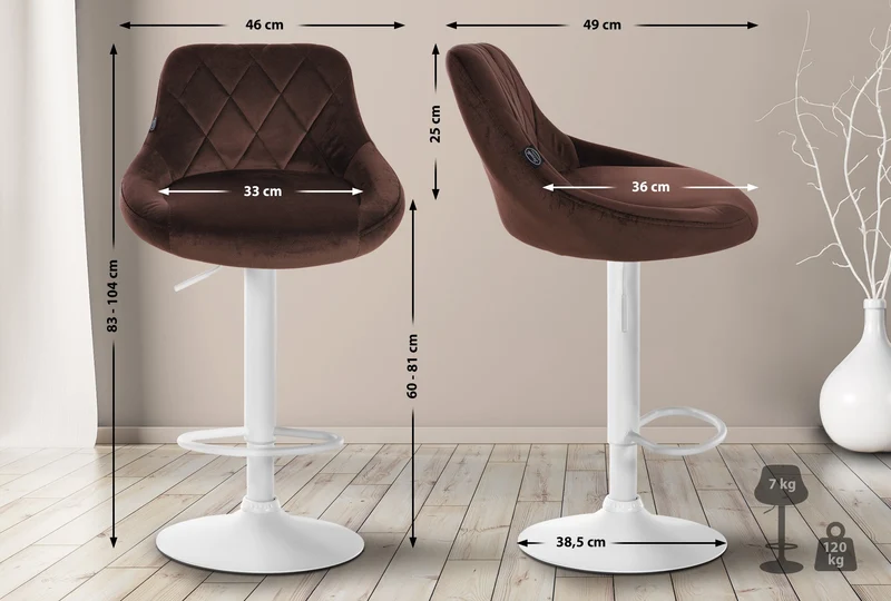 Tabouret de bar en velours marron coutures décoratives pivotant support métal blanc TDB10663