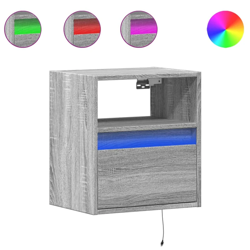 Table de chevet murale avec lumières LED avec tiroir 41 x 31 x 45 cm bois d'ingénierie gris DEC034214