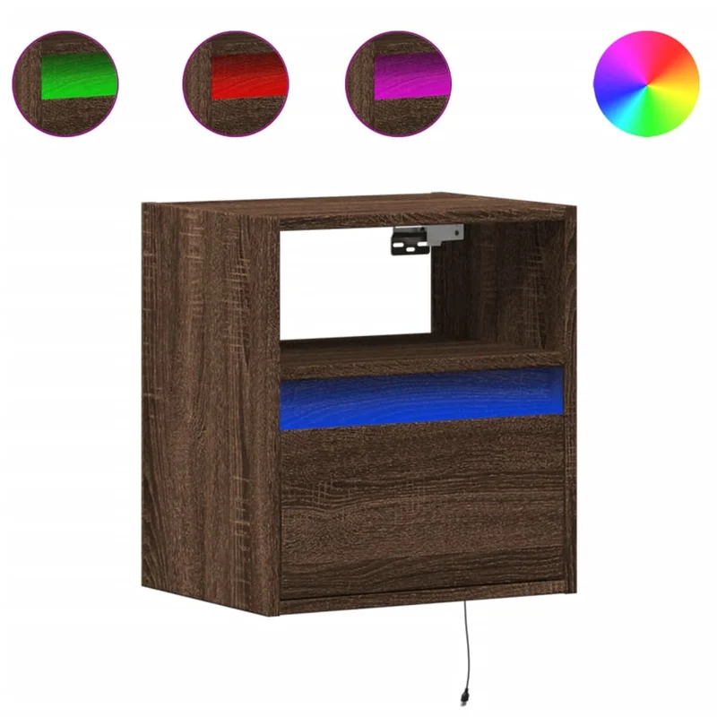 Table de chevet murale avec lumières LED tiroir et compartiment ouvert en bois d'ingénierie marron DEC034182