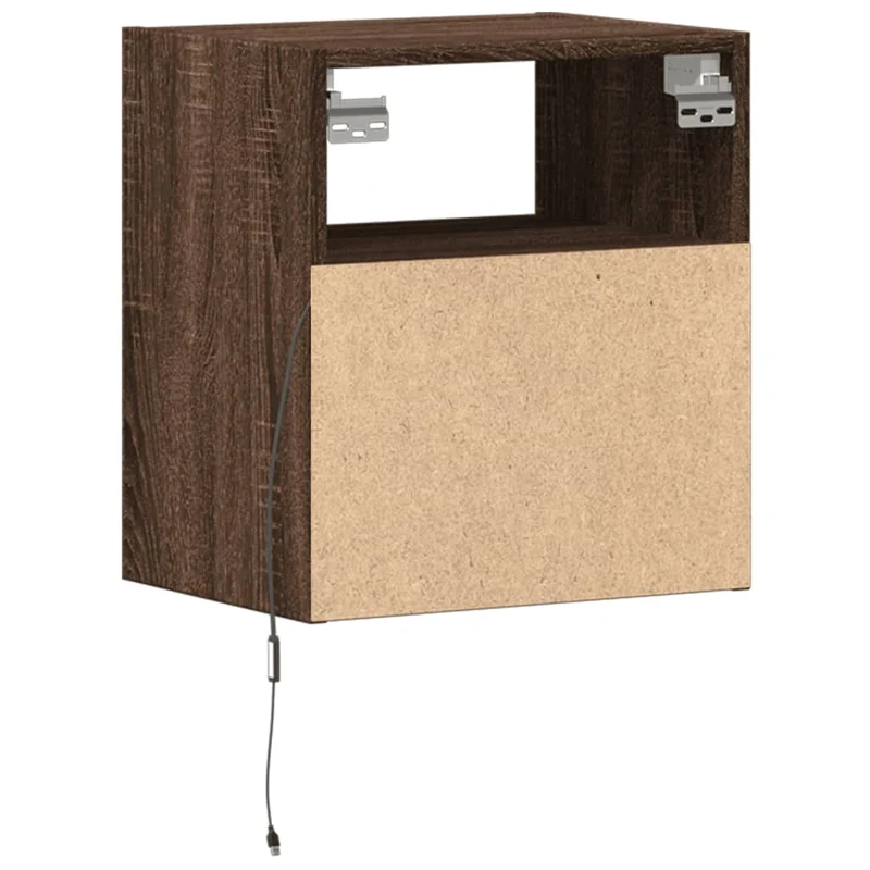 Table de chevet murale avec lumières LED tiroir et compartiment ouvert en bois d'ingénierie marron DEC034182