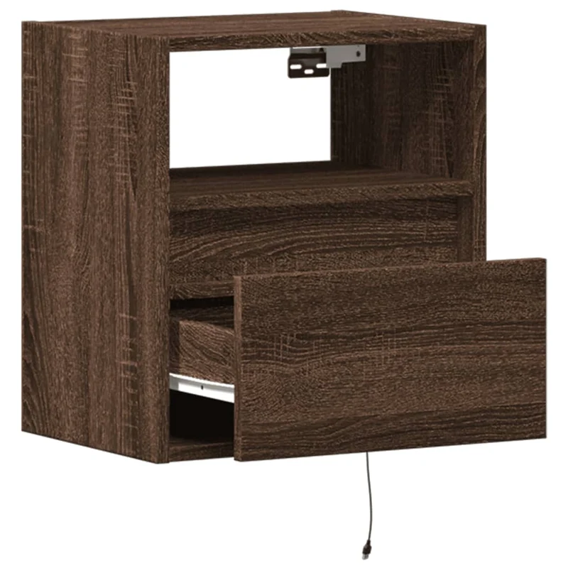Table de chevet murale avec lumières LED tiroir et compartiment ouvert en bois d'ingénierie marron DEC034182