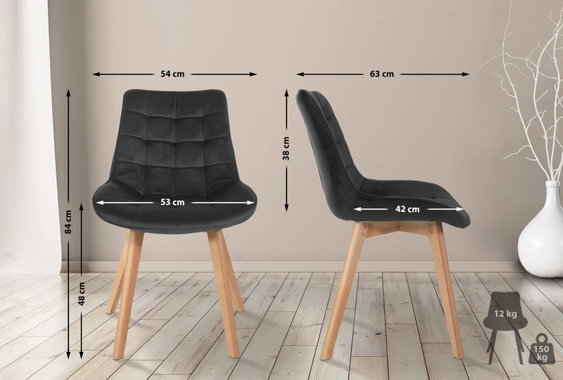 Chaise de salle à manger x1 design scandinave coutures carrées en velours noir pieds en bois clair 10_0002190