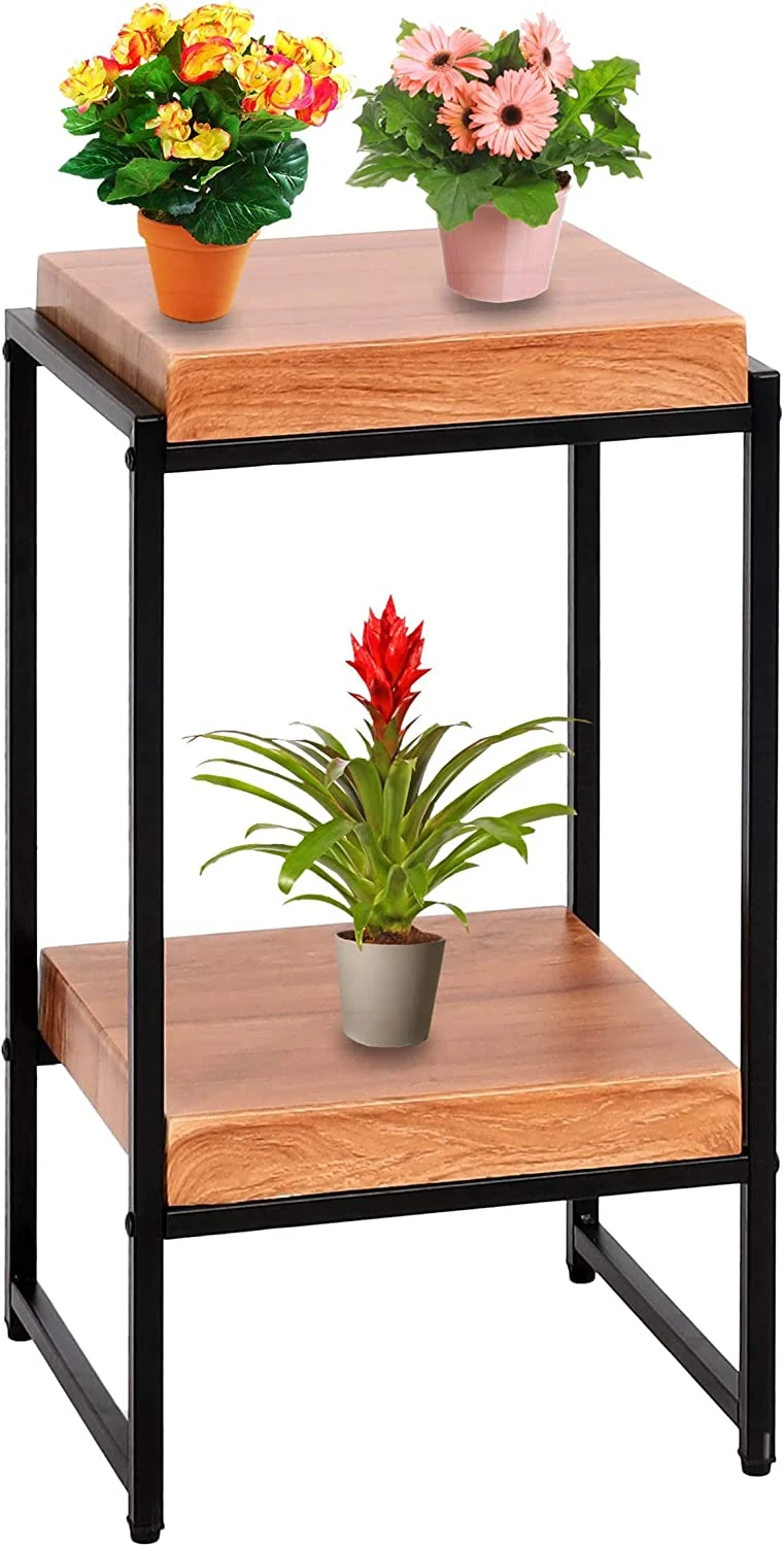 Table support de plantes étagère à fleurs table d'appoint en métal MDF nature 61cm MED04075