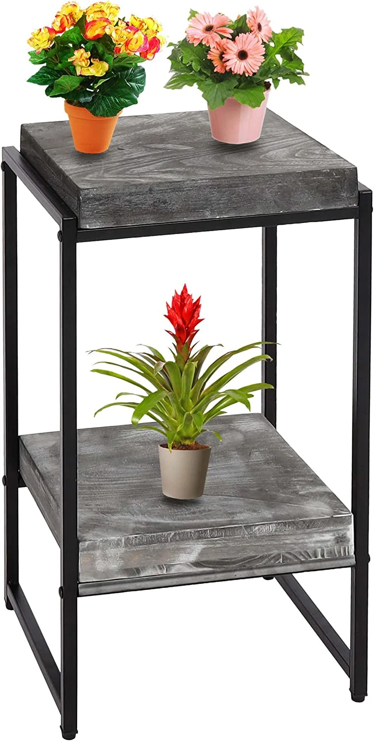 Table support de plantes étagère à fleurs table d'appoint en métal MDF gris foncé 61cm MED04074