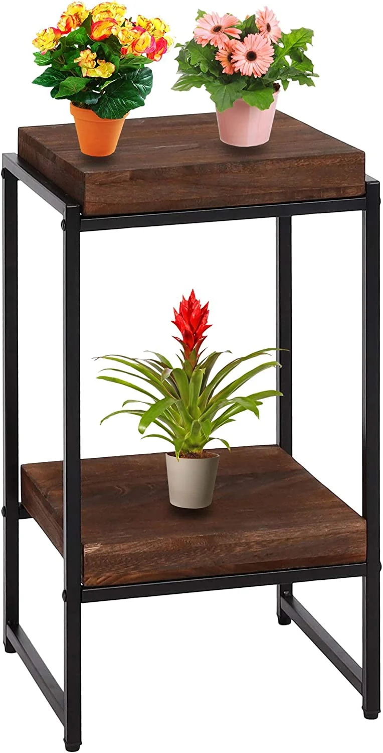 Table support de plantes étagère à fleurs table d'appoint en métal MDF marron foncé 61cm MED04073