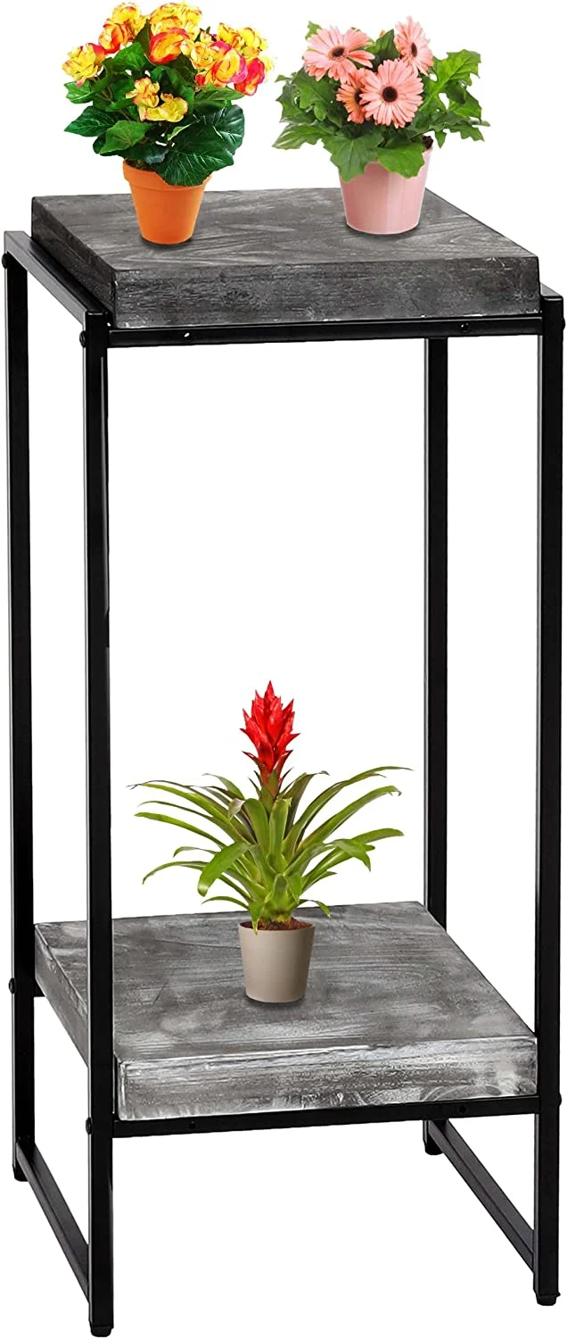 Table support de plantes étagère à fleurs table d'appoint en métal MDF gris foncé 82cm MED04071