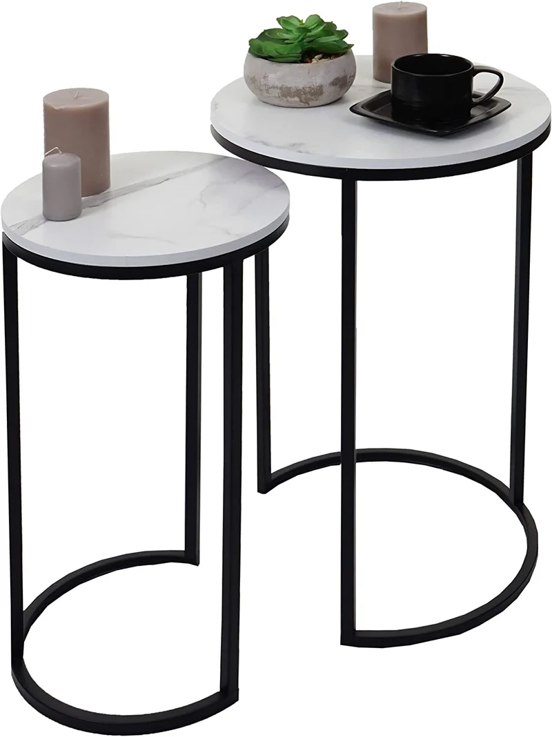 Ensemble de 2 tables d'appoint aspect support plante bouts de canapés marbre MDF blanc et noir TAB04014