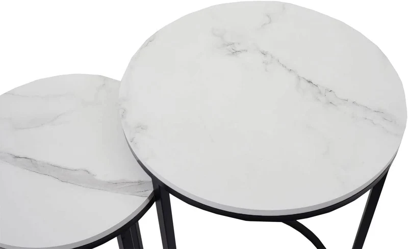 Ensemble de 2 tables d'appoint aspect support plante bouts de canapés marbre MDF blanc et noir TAB04014