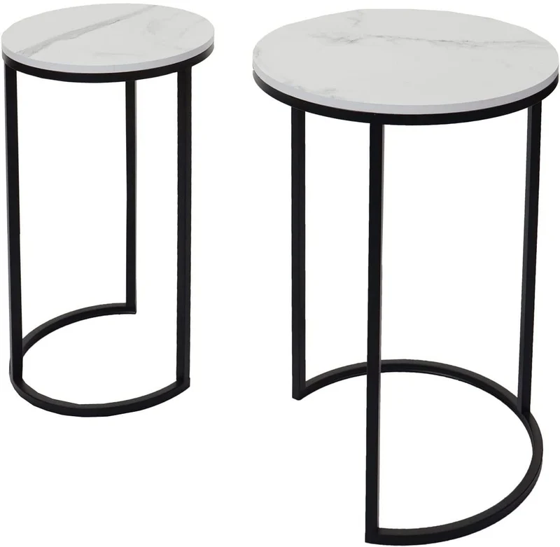 Ensemble de 2 tables d'appoint aspect support plante bouts de canapés marbre MDF blanc et noir TAB04014