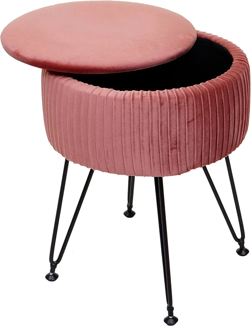 Tabouret avec compartiment de rangement Ø 33cm aspect velours rose cadre noir TABO04016