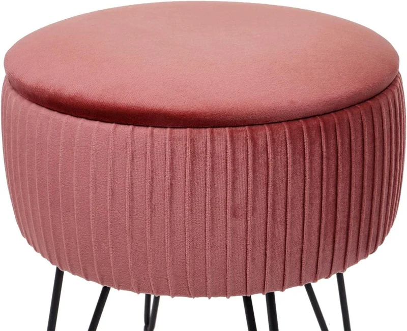 Tabouret avec compartiment de rangement Ø 33cm aspect velours rose cadre noir TABO04016