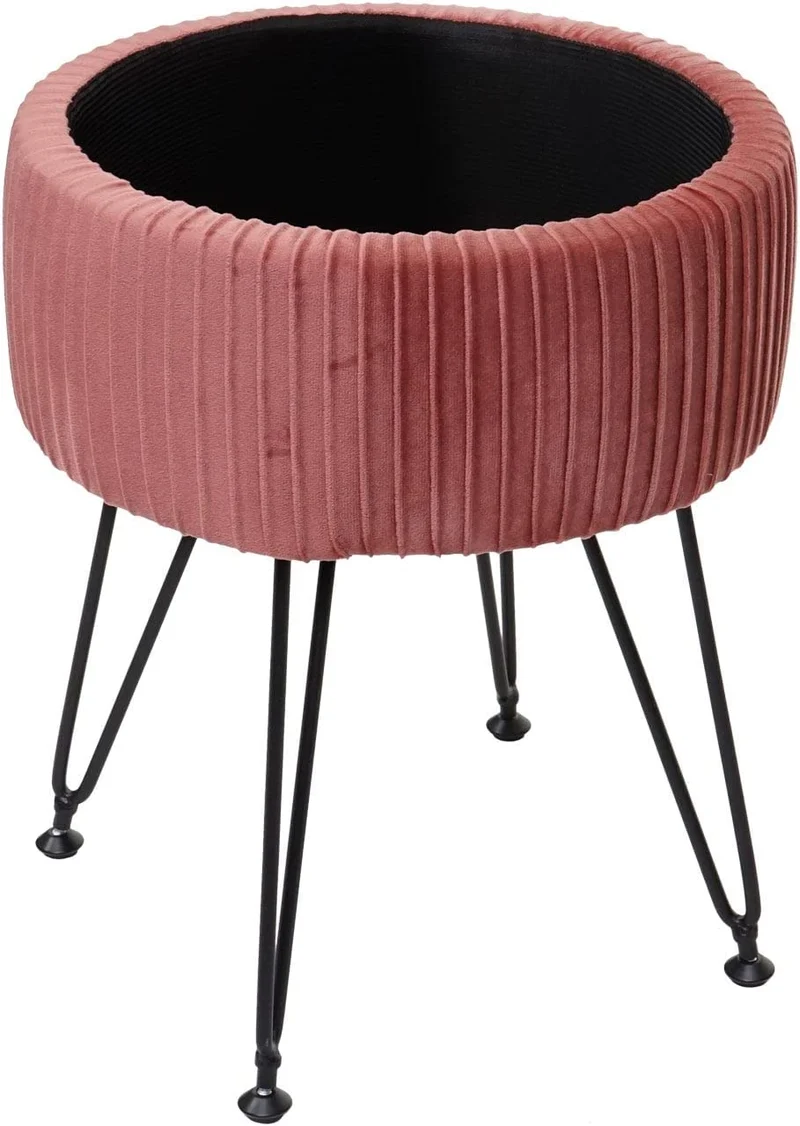 Tabouret avec compartiment de rangement Ø 33cm aspect velours rose cadre noir TABO04016