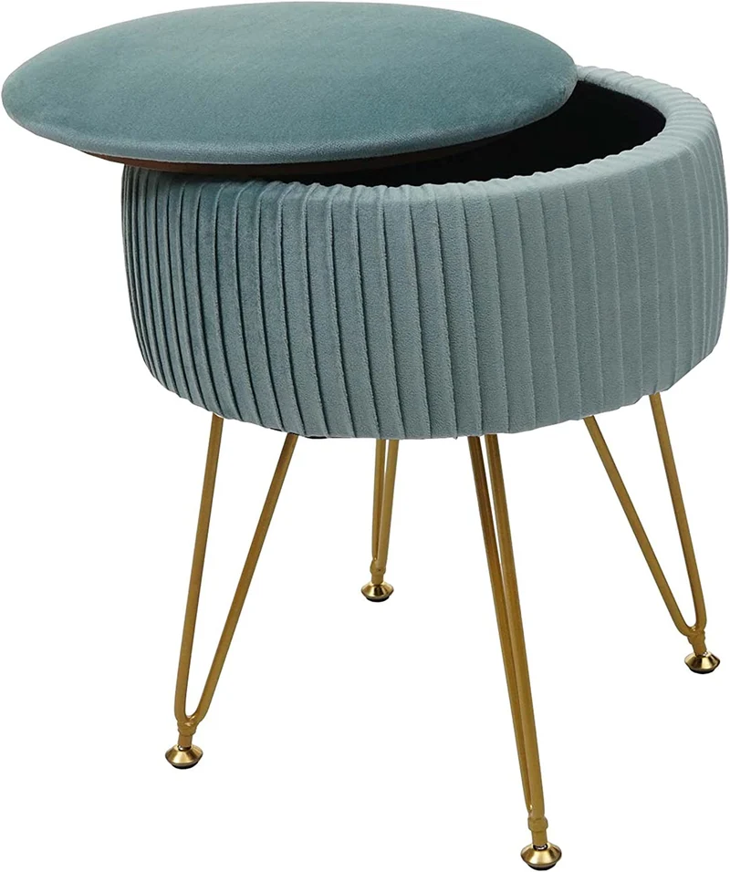 Tabouret avec compartiment de rangement Ø 33cm aspect velours vert clair cadre doré TABO04014