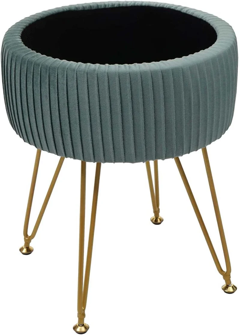 Tabouret avec compartiment de rangement Ø 33cm aspect velours vert clair cadre doré TABO04014