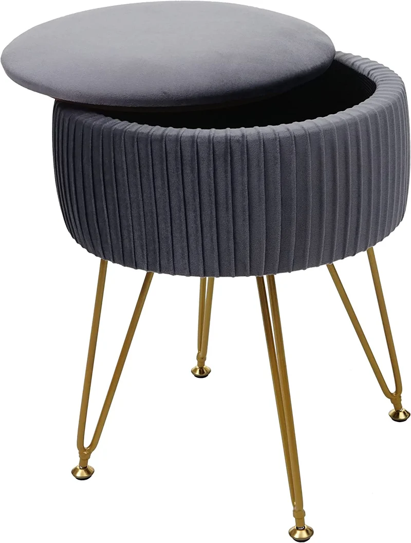 Tabouret avec compartiment de rangement Ø 33cm aspect velours gris clair cadre or TABO04012