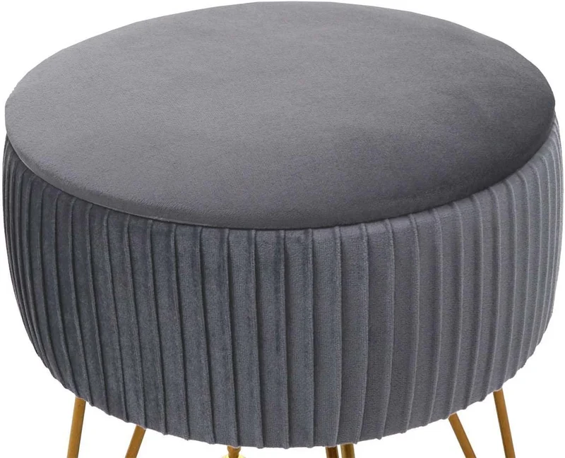 Tabouret avec compartiment de rangement Ø 33cm aspect velours gris clair cadre or TABO04012