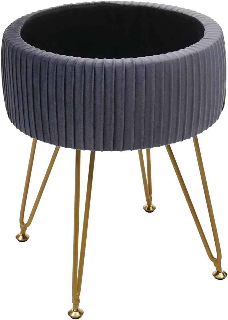 Tabouret avec compartiment de rangement Ø 33cm aspect velours gris clair cadre or TABO04012