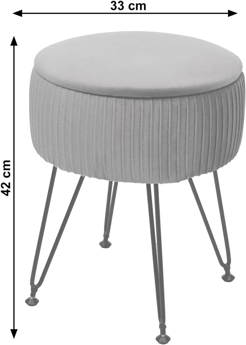 Tabouret avec compartiment de rangement Ø 33cm aspect velours gris clair cadre or TABO04012