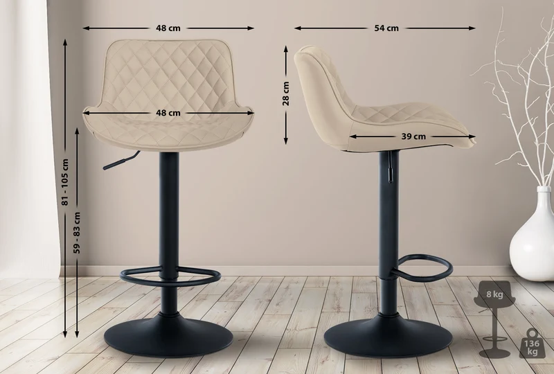Lot de 2 tabourets de bar réglable et pivotant assise en synthétique crème pieds métal noir TDB10604