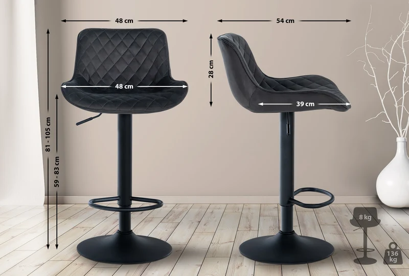 Lot de 2 tabourets de bar réglable et pivotant assise en velours noir pieds métal noir TDB10607