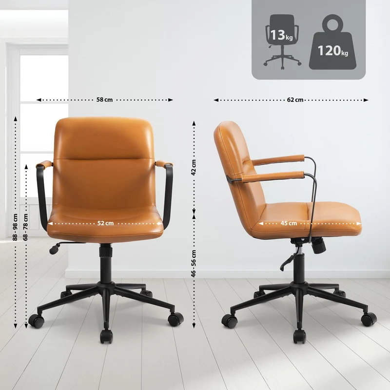 Chaise de bureau sur roulette avec accoudoirs design rétro en cuir véritable marron 10_0007007