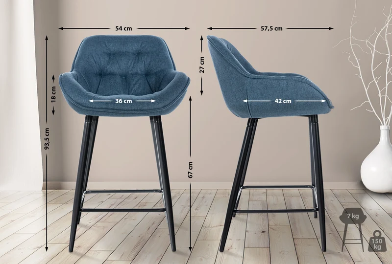 Lot de 2 tabourets de bar chaises hautes assise effet capitonnée en tissu bleu et métal noir 10_0004168