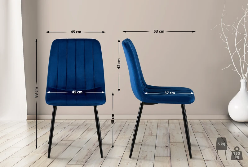 Lot de 4 chaises de salle à manger coutures décoratives verticales assise en tissu velours bleu pieds en métal noir 10_0001862