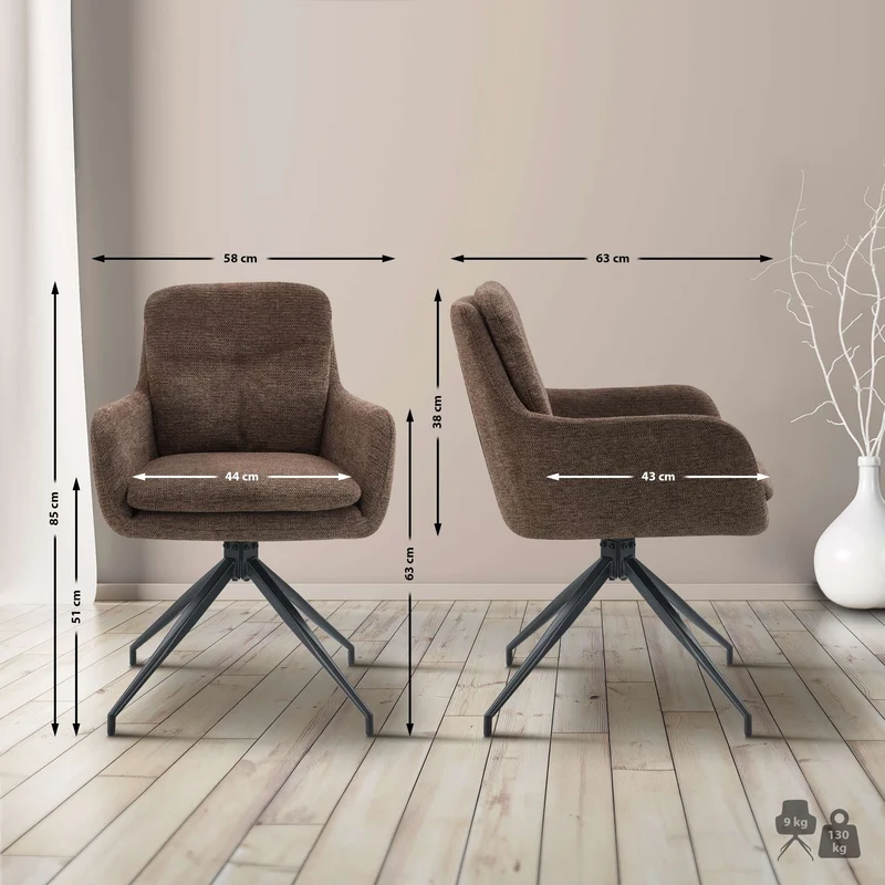 Lot de 2 chaises de salle à manger fonction pivotante confortable et moderne en tissu marron cadre métal 10_0006430