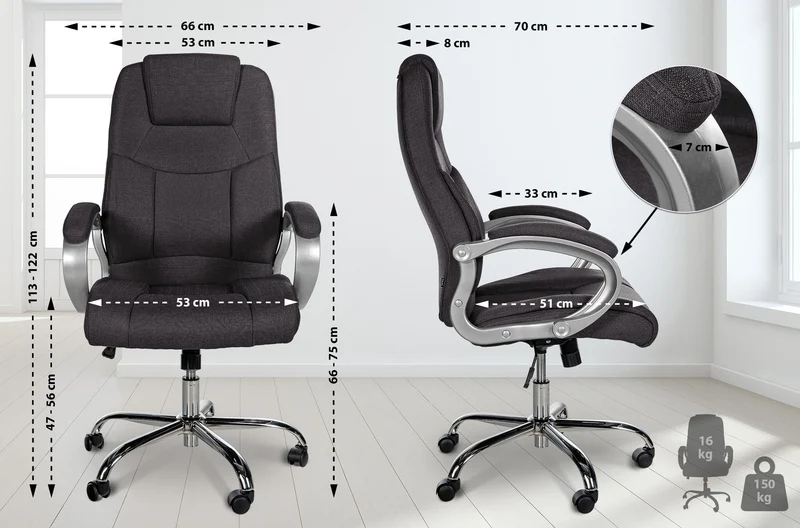 Chaise de bureau sur roulettes ergonomique en tissu gris foncé et métal chromé avec accoudoirs 10_0007069