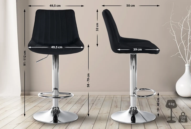 Tabouret de bar x1 réglable en hauteur pivotant à 360° assise en tissu noir couture verticale pied métal chromé 10_0006043