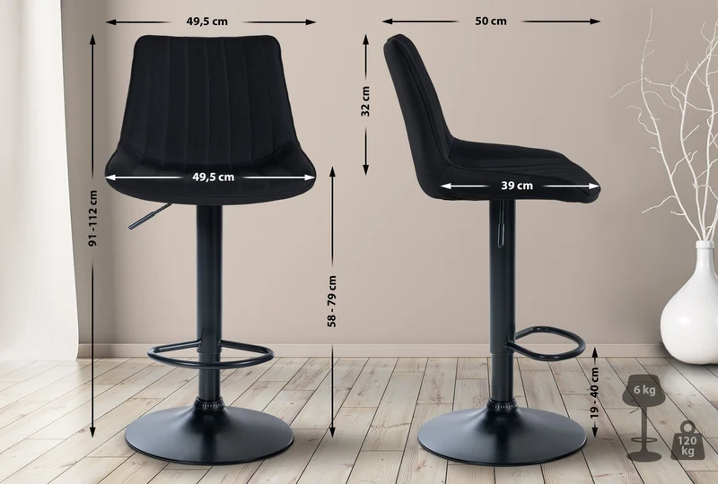 Tabouret de bar x1 réglable en hauteur pivotant à 360° assise en tissu noir couture verticale pied métal noir 10_0006042