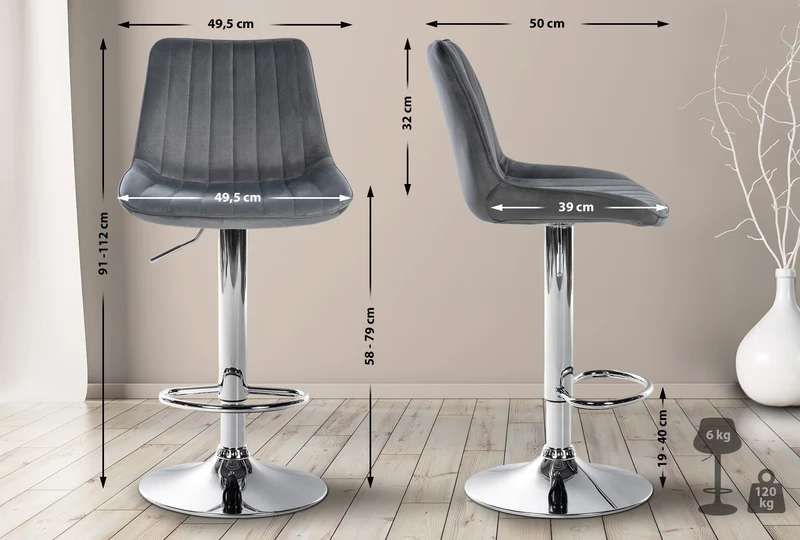 Tabouret de bar x1 réglable en hauteur pivotant à 360° assise en velours gris couture verticale pied métal chromé 10_0006467