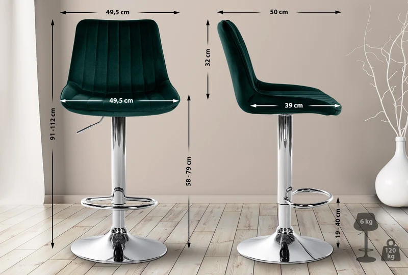 Tabouret de bar x1 réglable en hauteur pivotant à 360° assise en velours vert couture verticale pied métal chromé 10_0006442